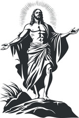 Fototapeta premium Silhouette vector illustration of Jesus Christ with arms outstretched on a rock, symbolizing faith and spirituality