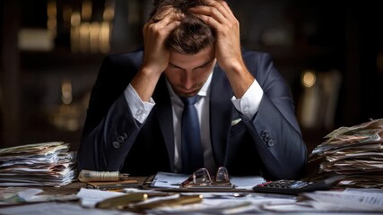 Struggling businessman in formal attire displays distress while surrounded by bills, paperwork, and a calculator during late hours in a dimly lit office - Powered by Adobe