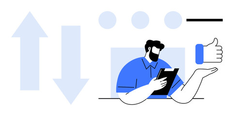 Man holding clipboard evaluating data. Large directional arrows and thumbs-up outline improvement, feedback, choice. Ideal for evaluation, decision-making, workflow, performance review, teamwork
