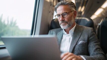 Middle aged businessman working on laptop while traveling on a train in a modern commuter environment during daytime - Powered by Adobe