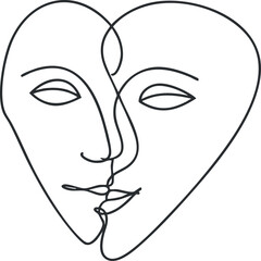 Abstract minimalist line art illustration of two faces forming a heart shape, representing love and connection
