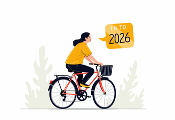 Fototapeta premium Illustration of a Woman Cycling Forward on a Bicycle Symbolizing Progression and Journey Toward the Year 2026 with Nature in the Background