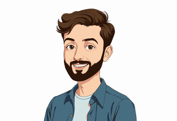 Cartoon Portrait of a Smiling Young Man with Brown Hair, Beard, and Casual Outfit Against a White Background