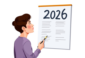 Thoughtful Person Contemplating Future Plans and Goals for the Year 2026 while Analyzing Strategies and Insights on a Wall-Mounted Calendar
