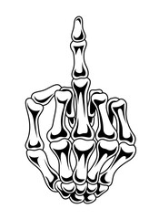 A skeleton hand showing the middle finger. Black and white illustration. Hand bones are drawn.