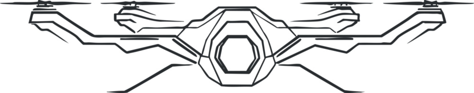 Stylized outline vector illustration of a modern drone with geometric design elements for technology and innovation projects