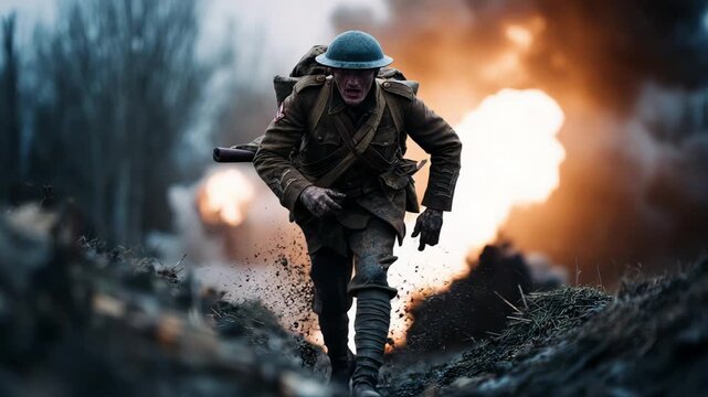Infantry races after explosion, Soldier charges through chaos
