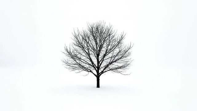 A solitary, leafless tree stands in a snowy landscape, creating a serene and tranquil atmosphere