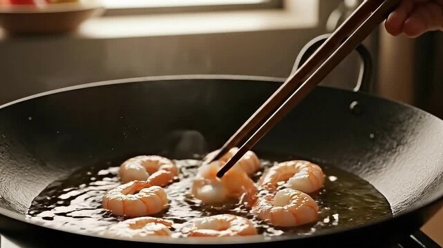 Cooking Shrimp in Wok with Chopsticks Close Up View of Frying Asian Cuisine with Natural Light for Restaurant Advertisement or Cookbook Demonstration and Food Content Creation 199 Characters