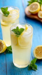 Fototapeta premium Lemonade drinks with ice, lemon, mint sit on blue wooden table, refreshing summer beverage.
