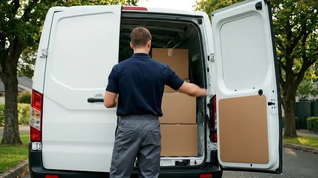 Courier Closing Back Door of White Van Loaded with Cardboard Boxes on Suburban Street in Sunny Weather Opening White Delivery Van with Back Full of Parcels and Packages in Broad Daylight