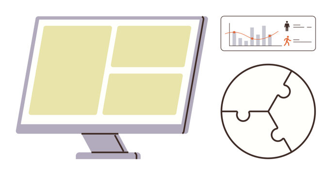 Monitor displaying structured data panels, analytics chart with trends and a puzzle circle for concept building. Ideal for analysis, strategy, teamwork, solutions, organization, project focus, simple