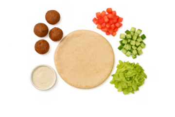 Deconstructed falafel ingredients with pita bread, fresh vegetables, tahini sauce, and fried chickpea patties on transparent background