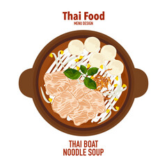 n attractive vector illustration of Thai Boat Noodle Soup Guay Teow Ruea, a popular classic Thai dish, rendered in a modern flat design. Great for restaurant signage, culinary Thai websites.