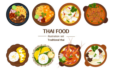 A comprehensive vector collection of Thailand's most popular dishes in a modern flat design. Includes Khao Soi, Tom Yum Goong, Panang Curry, Tom Kha Kai, and Mango Sticky Rice. Ideal for menus.
