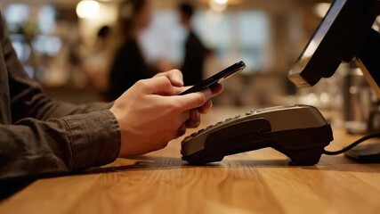 Customer Paying with Mobile Phone on Credit Card Terminal at Cafe Counter in Warm Light Setting Person Tapping Screen Transaction in Focus with Blurred People on Background - Powered by Adobe