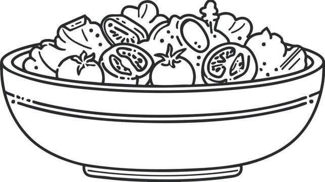 Outline vector illustration of a salad bowl filled with fresh vegetables for healthy eating and culinary design. - Powered by Adobe