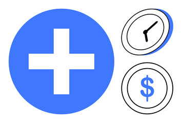 Fototapeta premium Blue plus sign, black outlined clock, and dollar sign icon, symbolizing healthcare, savings, efficiency, time management, business growth budgeting and priorities. Simple flat metaphor