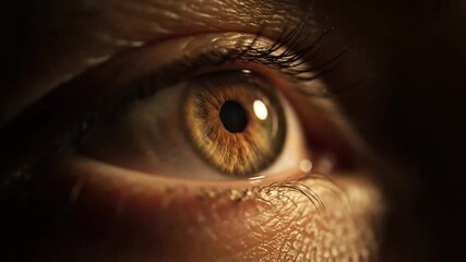 Detailed Macro Shot of Hazel Eye with Black Eyelashes Under Dim Lighting Condition Revealing Intricate Iris Patterns and Texture Depth Displaying Optical Beauty and Health Close Up