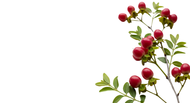 A delicate branch with vibrant red berries and green leaves against a clean white background. - Powered by Adobe