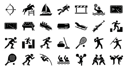 Icon set featuring various sports activities in minimalist black style