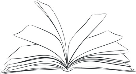 Outline vector illustration of an open book with pages fanned out, ideal for educational and literary themes.