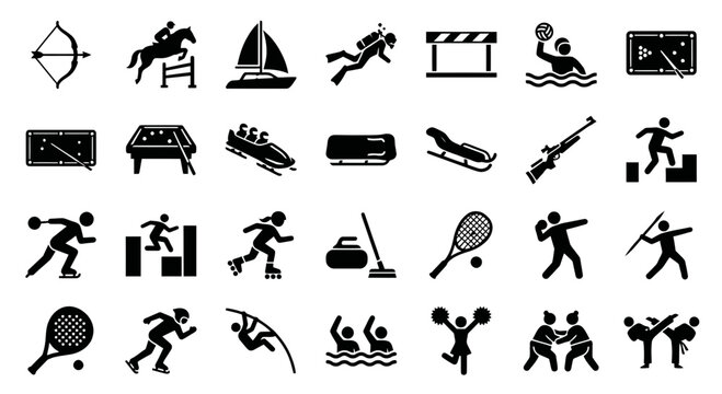 Icon set featuring various sports activities in minimalist black style