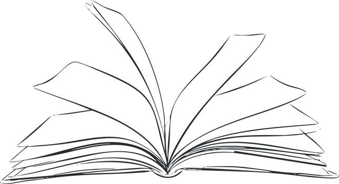 Outline vector illustration of an open book with pages fanned out, ideal for educational and literary themes.