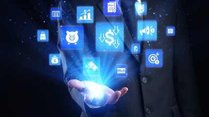 Modern budgeting and financial management icons showing finance, savings, tax, and planning. Budget supports business strategy, budget helps growth, and budgeting ensures financial control. Gist