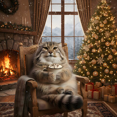 A Pallas's cat sitting in a wooden chair by the fireplace, next to a Christmas tree decorated with golden ornaments and snowflakes. Holding a cup of hot chocolate, with snow falling outside the window