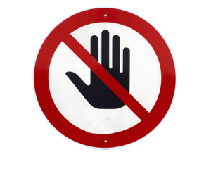 Red circle prohibition sign with black hand symbol isolated on transparent background