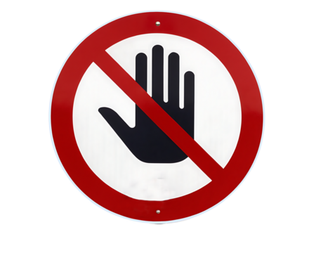 Red circle prohibition sign with black hand symbol isolated on transparent background