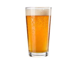 Tall glass of amber ale beer with foam isolated on transparent background