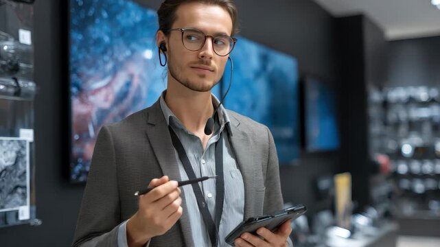 Electronics store consultant engages with customers while showcasing the latest devices in a modern retail environment during daytime hours