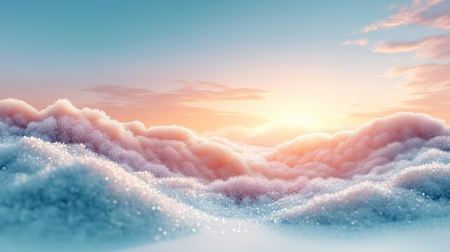 Soft glowing sunrise over sparkling snowy hills creating serene winter landscape with pastel tones and peaceful frosty beauty, Generative AI