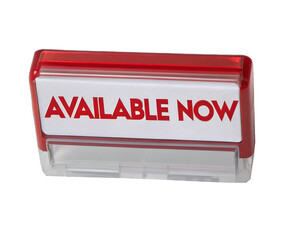Red and clear plastic stamp with available now text isolated on transparent background