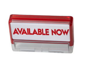 Red and clear plastic stamp with available now text isolated on transparent background