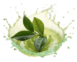 Fresh green leaves splashing in light green liquid isolated on transparent background