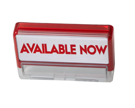 Red and clear plastic stamp with available now text isolated on transparent background