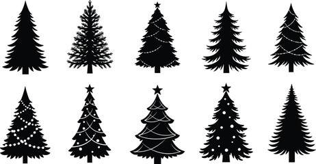 Christmas tree, festive silhouette, holiday icon, winter decoration, pine shape, ornament design, black vector, seasonal graphic, flat vector illustration