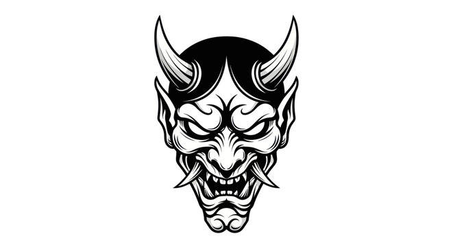 Intricate Japanese Hannya Mask Illustration with Horns and Fangs.