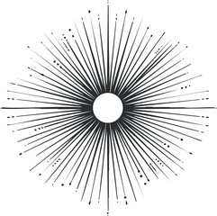 Obraz premium Stylized black and white vector illustration of a sunburst design featuring radiating lines and a central circle, ideal for modern branding and creative projects