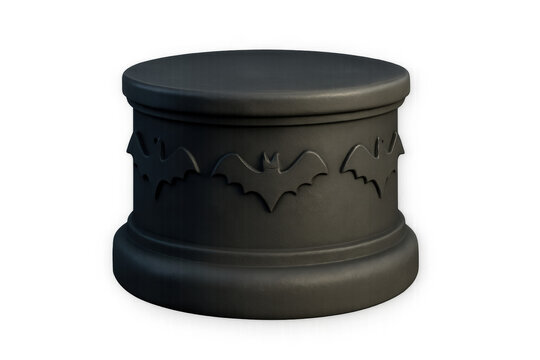 Halloween product display stand featuring gothic bat decoration, black spooky pedestal for seasonal marketing and events