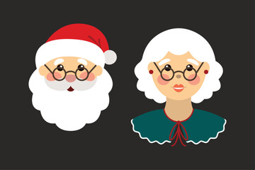 Cute Santa Claus and Mrs Claus Faces, Layered Color Illustration for Christmas and New Year, Kids First Celebration, Sublimation Design