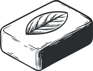 Hand-drawn vector illustration of a bar of soap with a leaf design, ideal for wellness and personal care branding
