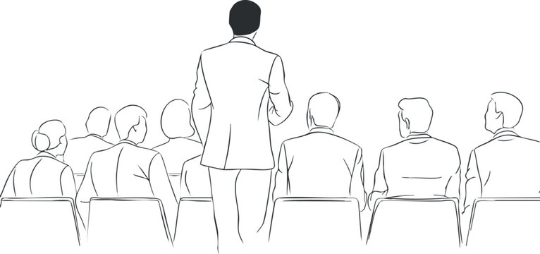 Minimalist vector illustration of a speaker presenting to an audience in a professional setting, ideal for business and training contexts