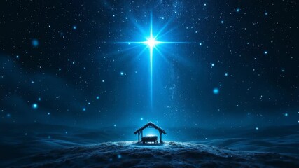 Christmas Nativity scene with the Star of Bethlehem shining over a stable. Silhouette of a manger on a hill under a starry blue night sky. Religious holiday concept - Powered by Adobe