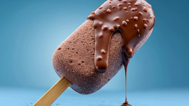 A decadent chocolate-flavored frozen dessert on a wooden stick, artfully coated in rich, melted chocolate sauce speckled with crunchy bits, beautifully drips against a vibrant blue background. The fro