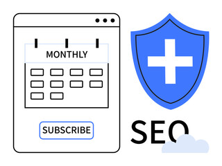 Obraz premium Calendar interface with Monthly header and Subscribe button paired with blue shield symbolizing SEO security. Ideal for digital marketing, subscription management, data security, strategy planning
