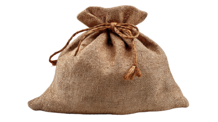 Brown cloth bag sack isolated on white background or transparent png, rustic textured fabric storage pouch with natural fiber weave.